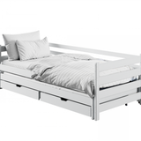 Kinderbett 90x200 mit zwei Schubladen, Rausfallschutz und Lattenrost, Vollholz massiv in weiss, Kinderbett Doppelbett Funktionsbett, optional Ausziehbett 90x190, optional Matratze