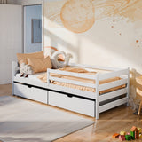 Kinderbett 90x200 mit zwei Schubladen, Rausfallschutz und Lattenrost, Vollholz massiv in weiss, Kinderbett Doppelbett Funktionsbett, optional Ausziehbett 90x190, optional Matratze