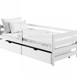Kinderbett 90x200 mit zwei Schubladen, Rausfallschutz und Lattenrost, Vollholz massiv in weiss, Kinderbett Doppelbett Funktionsbett, optional Ausziehbett 90x190, optional Matratze