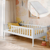 Kinderbett mit Rausfallschutz, Lattenrost und optionaler Matratze, Kinder Bett | sicher & stabil | weitere Größen: 80x160, 80x180, 90x190, 90x200 cm | erhältlich in weiß und natur | mit optionalem Ausziehbett und zwei optionalen Schubladen