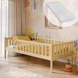 Kinderbett mit Rausfallschutz, Lattenrost und optionaler Matratze, Kinder Bett | sicher & stabil | weitere Größen: 80x160, 80x180, 90x190, 90x200 cm | erhältlich in weiß und natur | mit optionalem Ausziehbett und zwei optionalen Schubladen