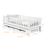 Kinderbett mit Rausfallschutz, Lattenrost und optionaler Matratze, Kinder Bett | sicher & stabil | weitere Größen: 80x160, 80x180, 90x190, 90x200 cm | erhältlich in weiß und natur | mit optionalem Ausziehbett und zwei optionalen Schubladen