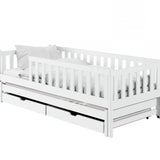 Kinderbett mit Rausfallschutz, Lattenrost und optionaler Matratze, Kinder Bett | sicher & stabil | weitere Größen: 80x160, 80x180, 90x190, 90x200 cm | erhältlich in weiß und natur | mit optionalem Ausziehbett und zwei optionalen Schubladen