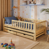 Kinderbett mit Rausfallschutz, Lattenrost und optionaler Matratze, Kinder Bett | sicher & stabil | weitere Größen: 80x160, 80x180, 90x190, 90x200 cm | erhältlich in weiß und natur | mit optionalem Ausziehbett und zwei optionalen Schubladen