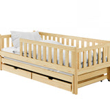 Kinderbett mit Rausfallschutz, Lattenrost und optionaler Matratze, Kinder Bett | sicher & stabil | weitere Größen: 80x160, 80x180, 90x190, 90x200 cm | erhältlich in weiß und natur | mit optionalem Ausziehbett und zwei optionalen Schubladen