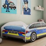 Autobett Kinderbett Jugendbett 70x140 & 80x160 cm mit Rausfallschutz Matratze optional | Polizei Polizeiauto Polizist Kinder Spielbett