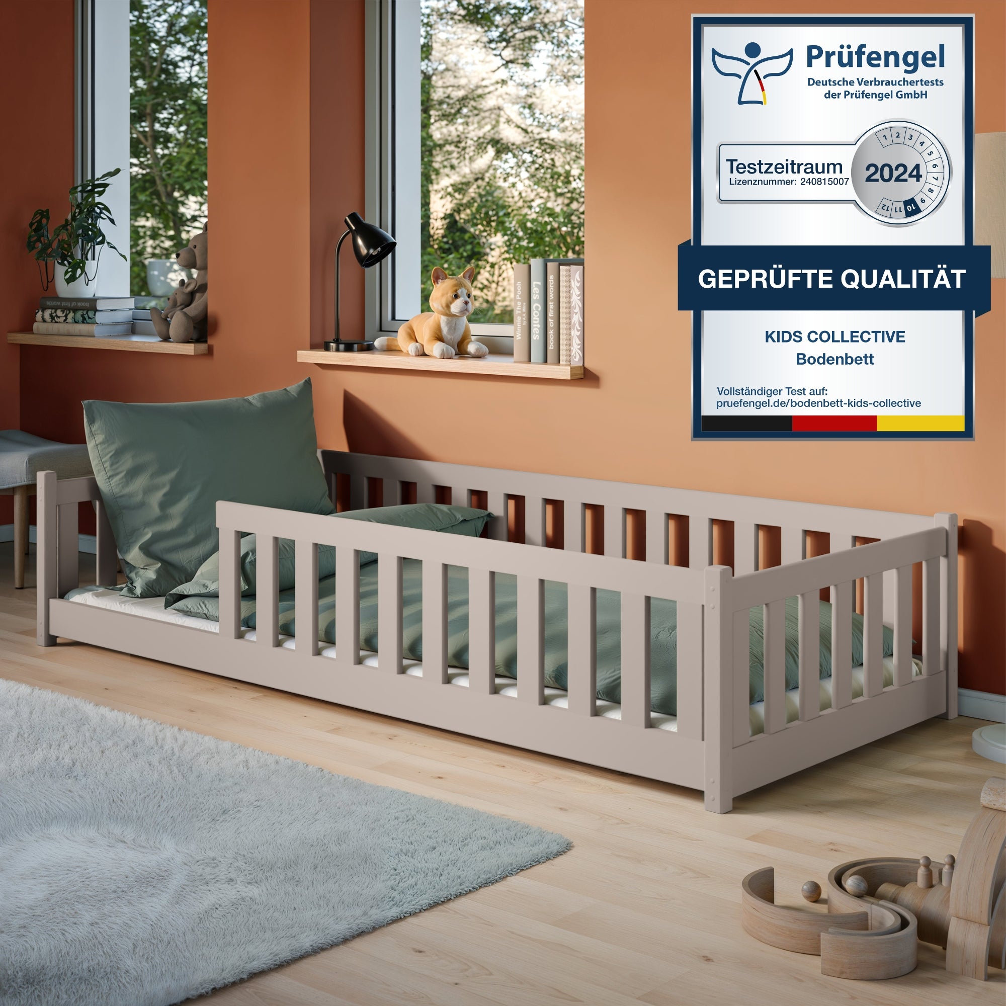 Kinderbett Bodenbett 80x160 | 80x180 | 90x190 | 90x200 | 120x200 | 140x200 cm Bett mit Rausfallschutz & Lattenrost Montessori Bett Gitterbett Kinder Jugendbett Einzelbett optional mit Matratze | Kiefer Holz massiv Junge Mädchen