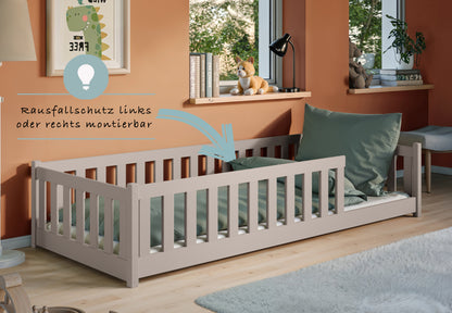 Kinderbett Bodenbett 80x160 | 80x180 | 90x190 | 90x200 | 120x200 | 140x200 cm Bett mit Rausfallschutz & Lattenrost Montessori Bett Gitterbett Kinder Jugendbett Einzelbett optional mit Matratze | Kiefer Holz massiv Junge Mädchen