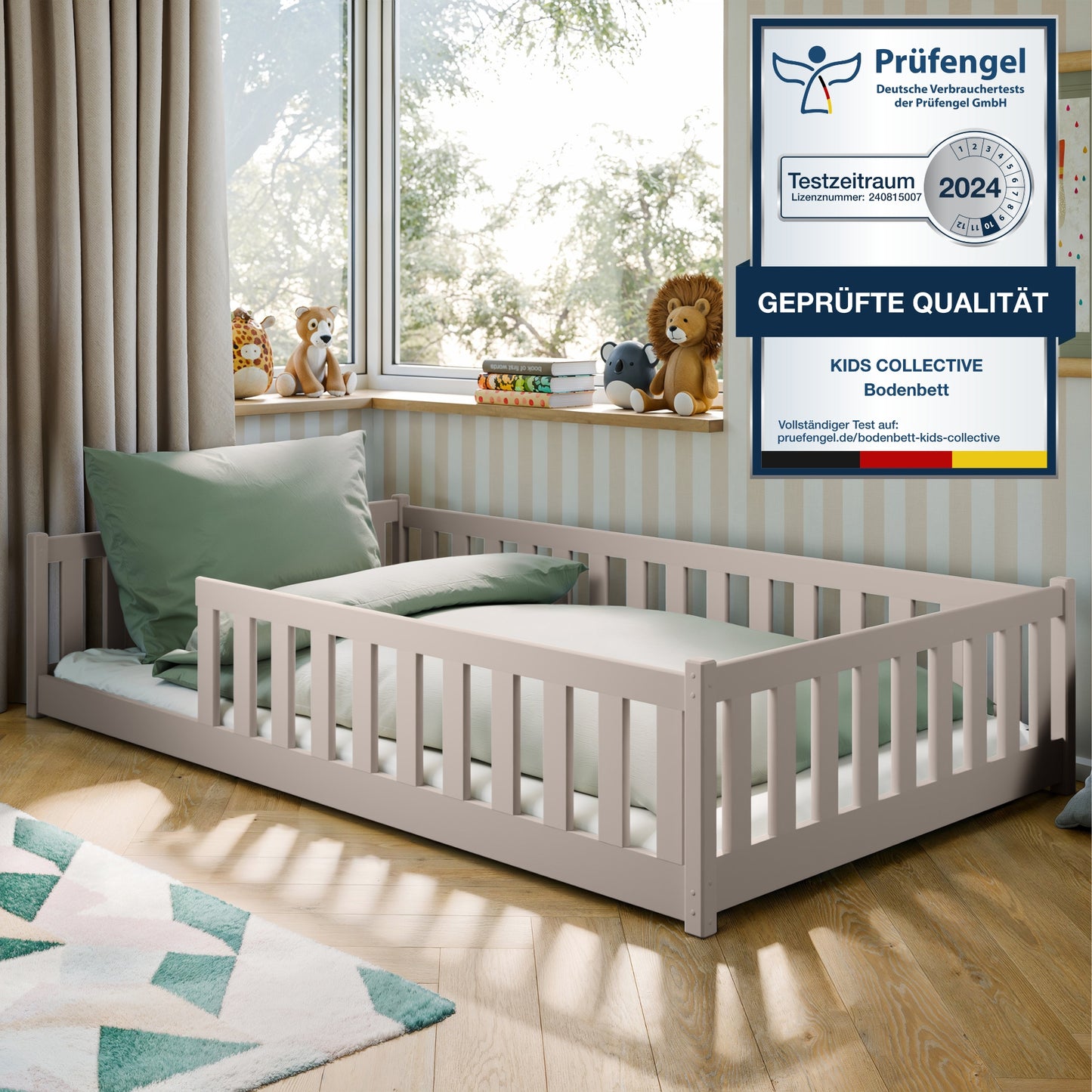 Kinderbett Bodenbett 80x160 | 80x180 | 90x190 | 90x200 | 120x200 | 140x200 cm Bett mit Rausfallschutz & Lattenrost Montessori Bett Gitterbett Kinder Jugendbett Einzelbett optional mit Matratze | Kiefer Holz massiv Junge Mädchen