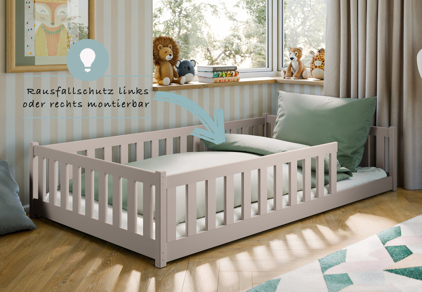 Kinderbett Bodenbett 80x160 | 80x180 | 90x190 | 90x200 | 120x200 | 140x200 cm Bett mit Rausfallschutz & Lattenrost Montessori Bett Gitterbett Kinder Jugendbett Einzelbett optional mit Matratze | Kiefer Holz massiv Junge Mädchen