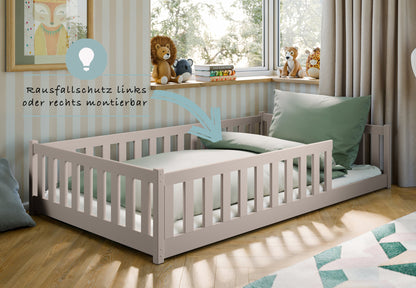 Kinderbett Bodenbett 80x160 | 80x180 | 90x190 | 90x200 | 120x200 | 140x200 cm Bett mit Rausfallschutz & Lattenrost Montessori Bett Gitterbett Kinder Jugendbett Einzelbett optional mit Matratze | Kiefer Holz massiv Junge Mädchen
