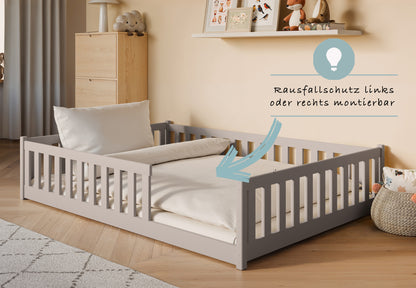 Kinderbett Bodenbett 80x160 | 80x180 | 90x190 | 90x200 | 120x200 | 140x200 cm Bett mit Rausfallschutz & Lattenrost Montessori Bett Gitterbett Kinder Jugendbett Einzelbett optional mit Matratze | Kiefer Holz massiv Junge Mädchen