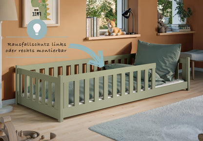 Kinderbett Bodenbett 80x160 | 80x180 | 90x190 | 90x200 | 120x200 | 140x200 cm Bett mit Rausfallschutz & Lattenrost Montessori Bett Gitterbett Kinder Jugendbett Einzelbett optional mit Matratze | Kiefer Holz massiv Junge Mädchen