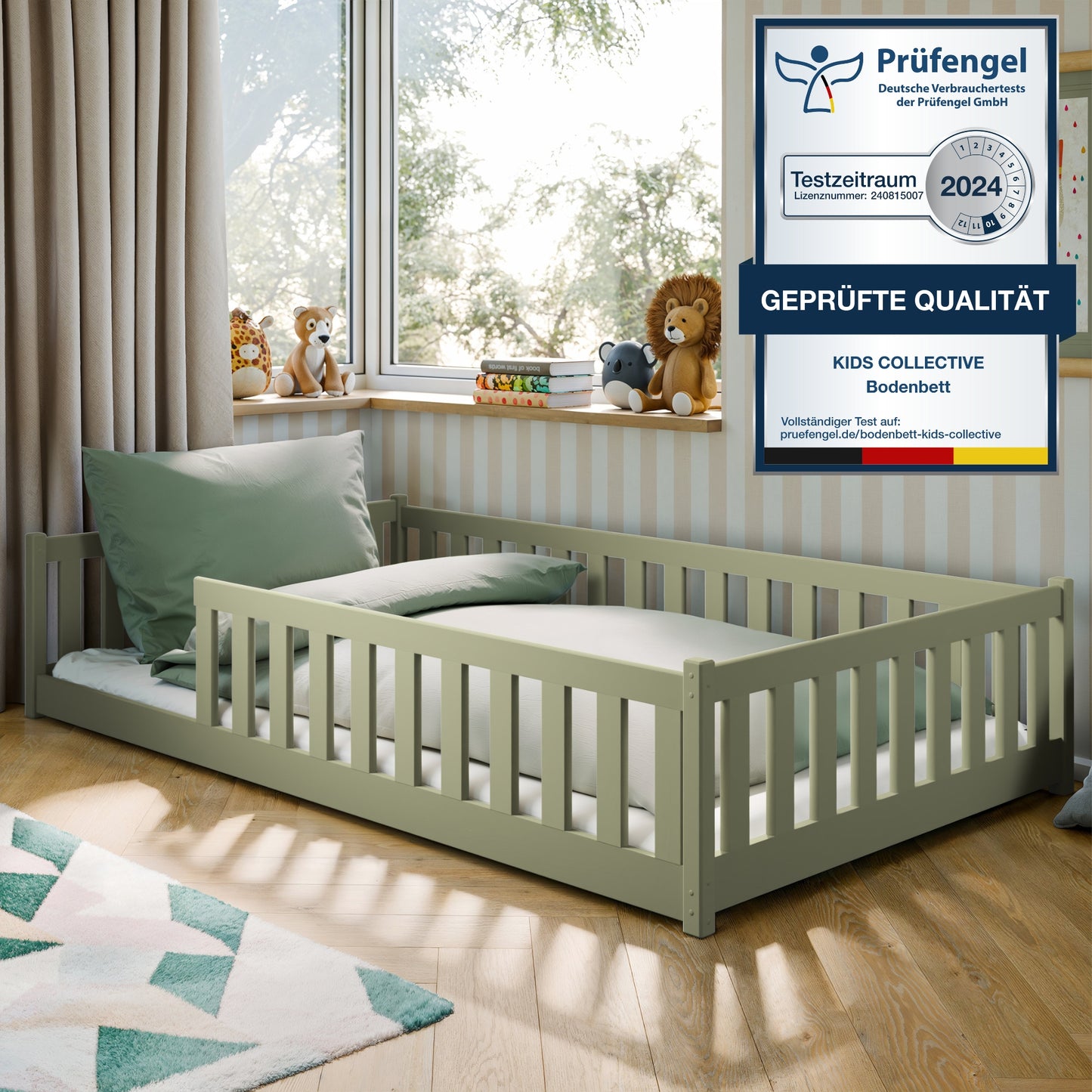 Kinderbett Bodenbett 80x160 | 80x180 | 90x190 | 90x200 | 120x200 | 140x200 cm Bett mit Rausfallschutz & Lattenrost Montessori Bett Gitterbett Kinder Jugendbett Einzelbett optional mit Matratze | Kiefer Holz massiv Junge Mädchen