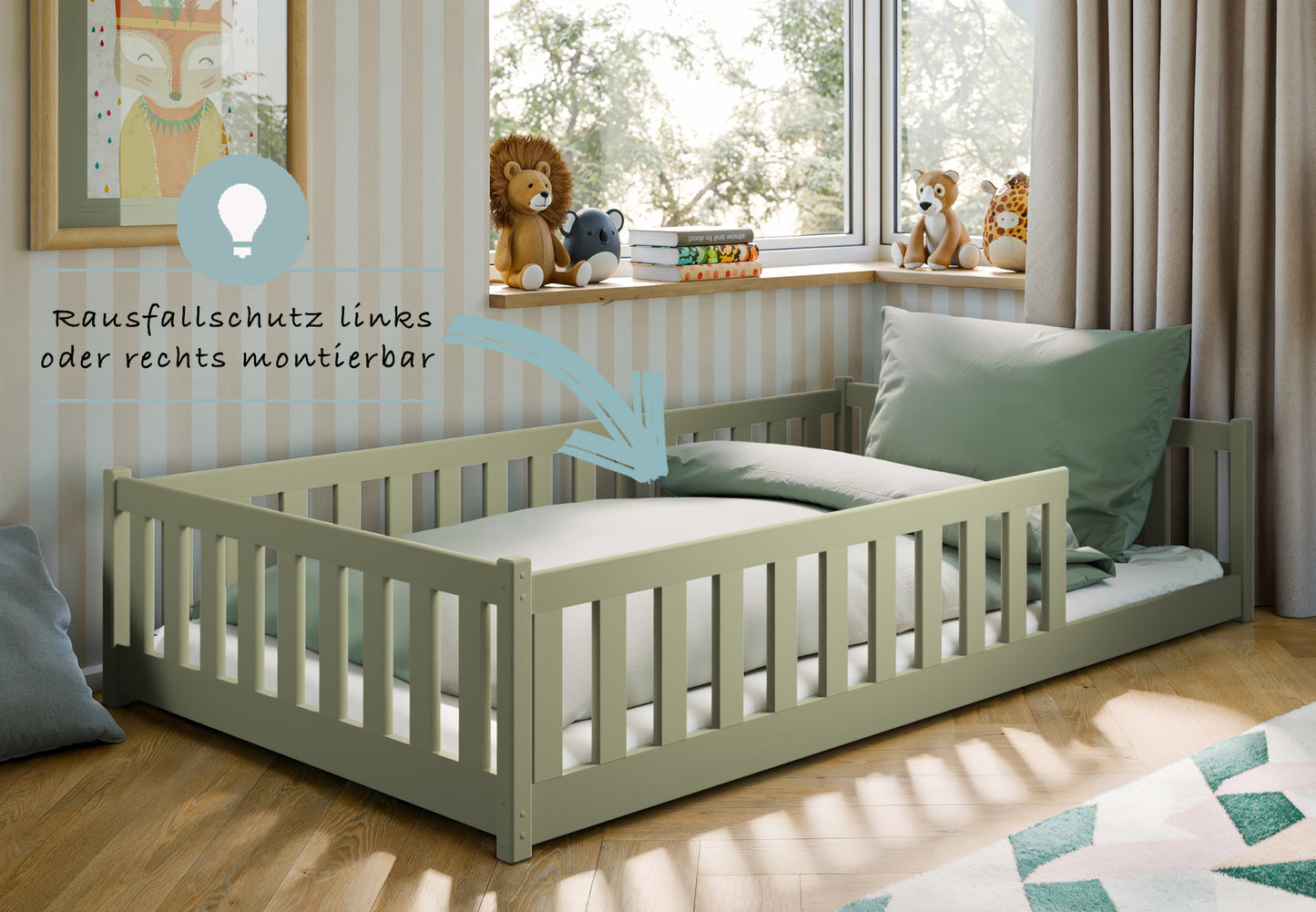 Kinderbett Bodenbett 80x160 | 80x180 | 90x190 | 90x200 | 120x200 | 140x200 cm Bett mit Rausfallschutz & Lattenrost Montessori Bett Gitterbett Kinder Jugendbett Einzelbett optional mit Matratze | Kiefer Holz massiv Junge Mädchen