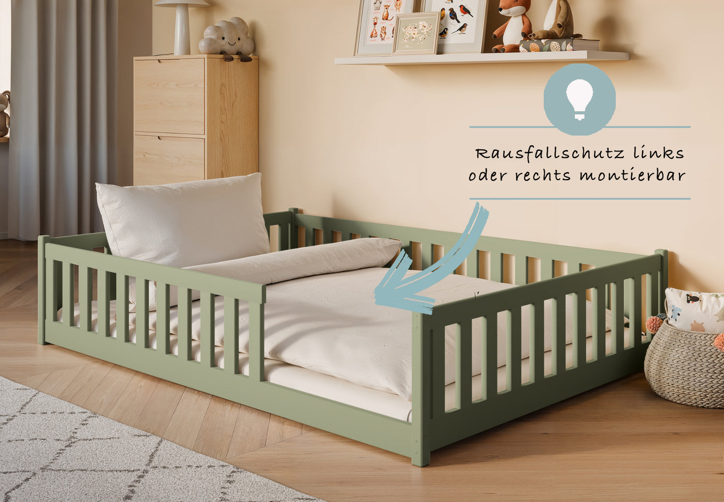 Kinderbett Bodenbett 80x160 | 80x180 | 90x190 | 90x200 | 120x200 | 140x200 cm Bett mit Rausfallschutz & Lattenrost Montessori Bett Gitterbett Kinder Jugendbett Einzelbett optional mit Matratze | Kiefer Holz massiv Junge Mädchen