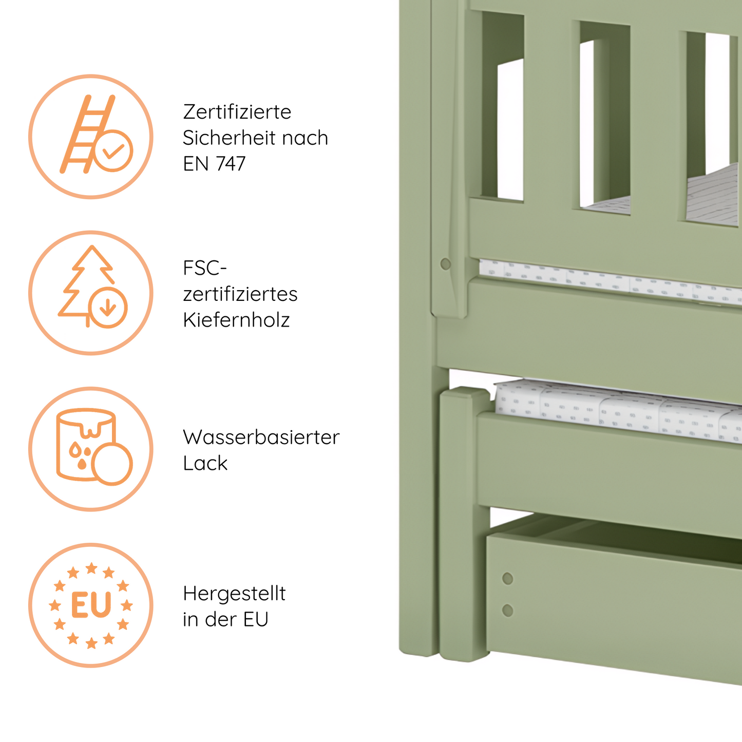 Hochbett 90x200 Etagenbett Kinderbett Jugendbett Stockbett 3 Kinder, zwei Schubladen & Rausfallschutz Kinder Bett umbaubar in 3 Einzelbetten | von 4. bis 16. Lebensjahr | inkl. Lattenrosten