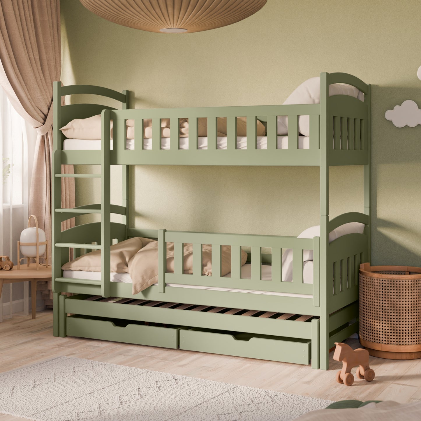 Hochbett 90x200 Etagenbett Kinderbett Jugendbett Stockbett 3 Kinder, zwei Schubladen & Rausfallschutz Kinder Bett umbaubar in 3 Einzelbetten | von 4. bis 16. Lebensjahr | inkl. Lattenrosten