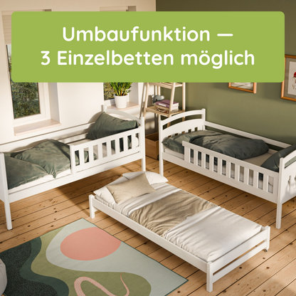 Hochbett 90x200 Etagenbett Kinderbett Jugendbett Stockbett 3 Kinder, zwei Schubladen & Rausfallschutz Kinder Bett umbaubar in 3 Einzelbetten | von 4. bis 16. Lebensjahr | inkl. Lattenrosten