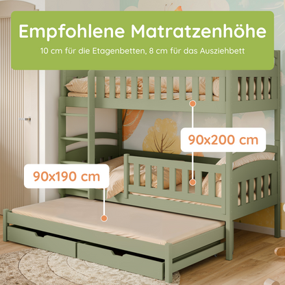 Hochbett 90x200 Etagenbett Kinderbett Jugendbett Stockbett 3 Kinder, zwei Schubladen & Rausfallschutz Kinder Bett umbaubar in 3 Einzelbetten | von 4. bis 16. Lebensjahr | inkl. Lattenrosten