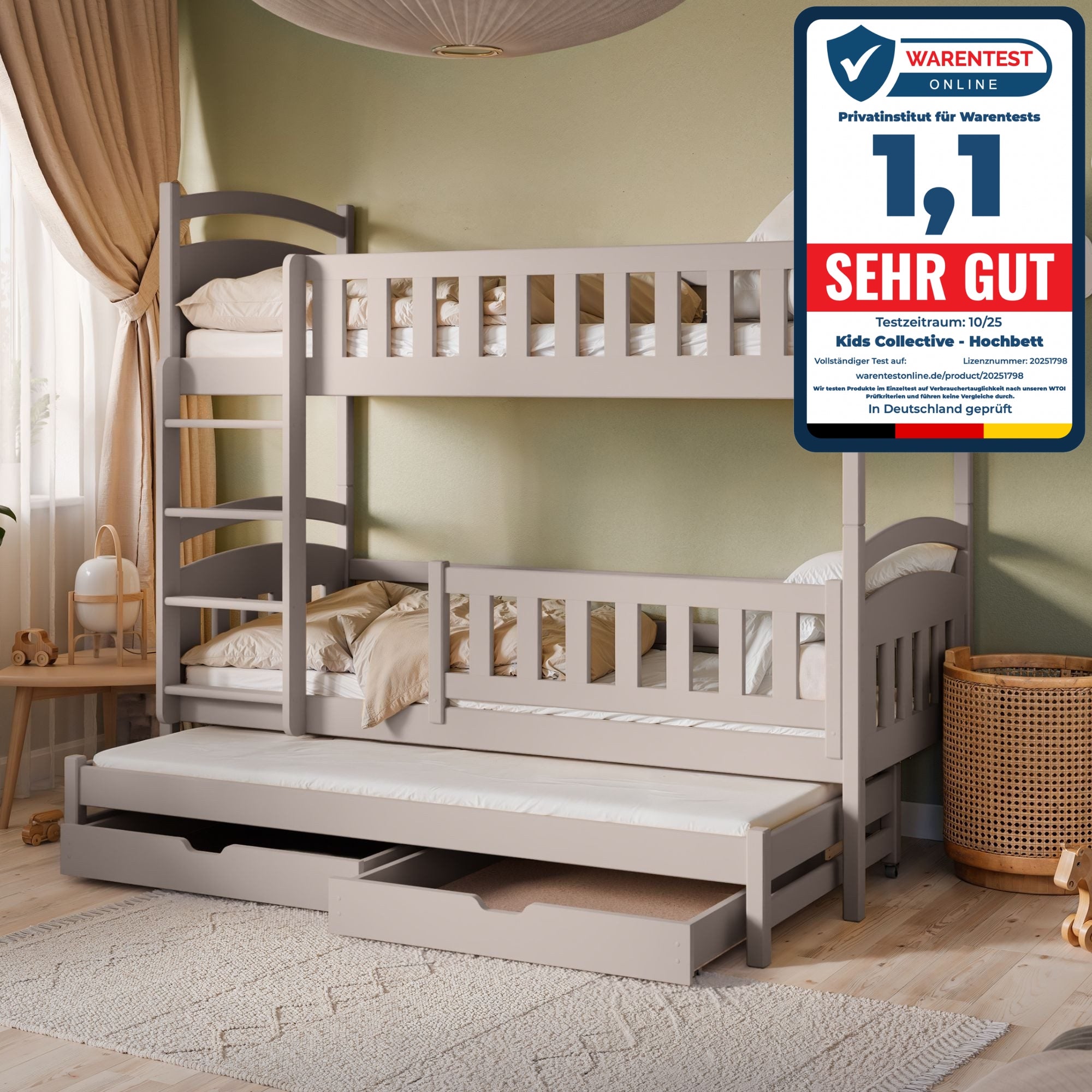 Hochbett 90x200 Etagenbett Kinderbett Jugendbett Stockbett 3 Kinder, zwei Schubladen & Rausfallschutz Kinder Bett umbaubar in 3 Einzelbetten | von 4. bis 16. Lebensjahr | inkl. Lattenrosten