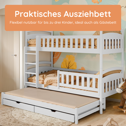 Hochbett 90x200 Etagenbett Kinderbett Jugendbett Stockbett 3 Kinder, zwei Schubladen & Rausfallschutz Kinder Bett umbaubar in 3 Einzelbetten | von 4. bis 16. Lebensjahr | inkl. Lattenrosten