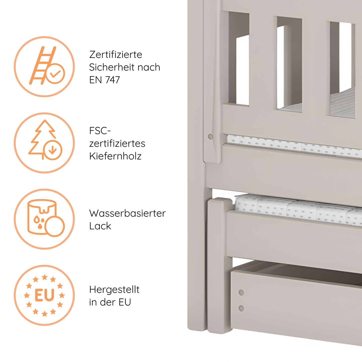 Hochbett 90x200 Etagenbett Kinderbett Jugendbett Stockbett 3 Kinder, zwei Schubladen & Rausfallschutz Kinder Bett umbaubar in 3 Einzelbetten | von 4. bis 16. Lebensjahr | inkl. Lattenrosten