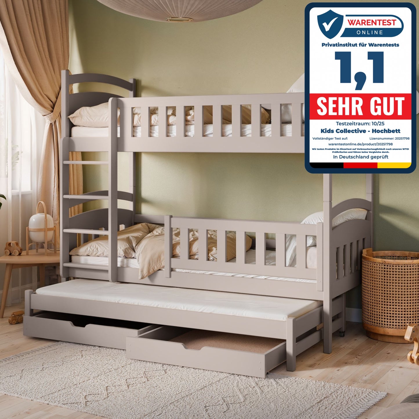 Hochbett 90x200 Etagenbett Kinderbett Jugendbett Stockbett 3 Kinder, zwei Schubladen & Rausfallschutz Kinder Bett umbaubar in 3 Einzelbetten | von 4. bis 16. Lebensjahr | inkl. Lattenrosten