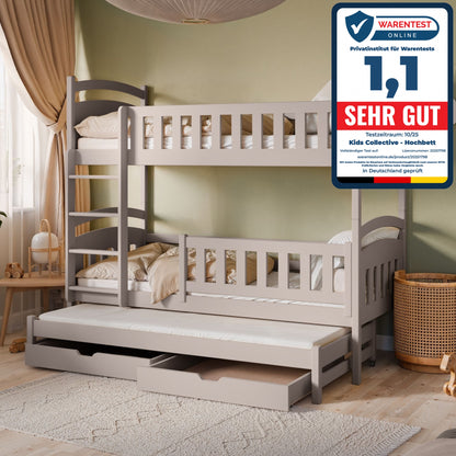 Hochbett 90x200 Etagenbett Kinderbett Jugendbett Stockbett 3 Kinder, zwei Schubladen & Rausfallschutz Kinder Bett umbaubar in 3 Einzelbetten | von 4. bis 16. Lebensjahr | inkl. Lattenrosten