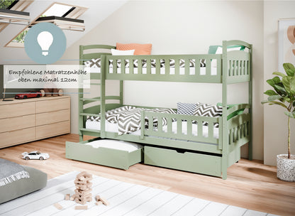 Hochbett 90x200 cm Etagenbett mit zwei Schubladen, Lattenrost, Rausfallschutz, umbaubar in zwei Einzelbetten, aus Vollholz massiv, Funktionsbett