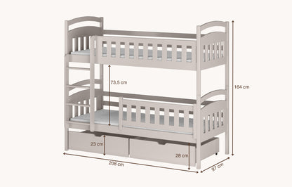 Hochbett 90x200 cm Etagenbett mit zwei Schubladen, Lattenrost, Rausfallschutz, umbaubar in zwei Einzelbetten, aus Vollholz massiv, Funktionsbett