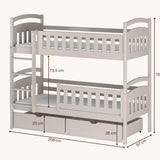 Hochbett 90x200 cm Etagenbett mit zwei Schubladen, Lattenrost, Rausfallschutz, umbaubar in zwei Einzelbetten, aus Vollholz massiv, Funktionsbett