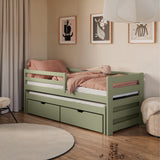 Einzelbett 90x200 cm mit Rausziehbett 90x190 cm mit zwei Matratzen (optional) und zwei Schubladen, Rausfallschutz und Lattenrosten, Vollholz massiv, Kinderbett Funktionsbett