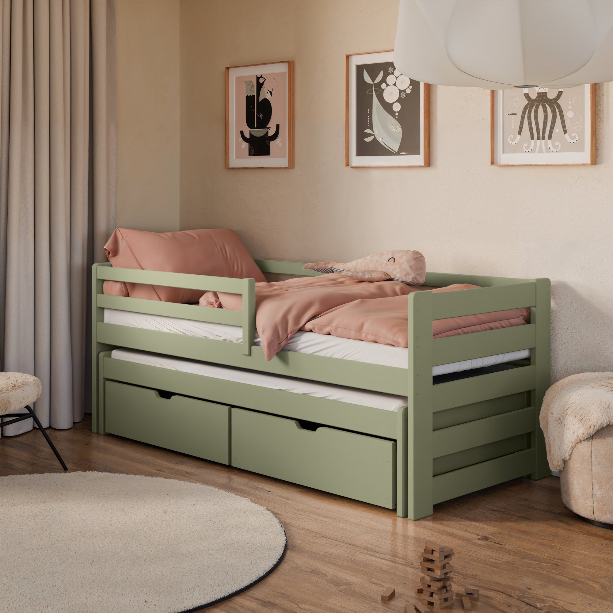 Einzelbett 90x200 cm mit Rausziehbett 90x190 cm mit zwei Matratzen (optional) und zwei Schubladen, Rausfallschutz und Lattenrosten, Vollholz massiv, Kinderbett Funktionsbett