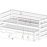 Einzelbett 90x200 cm mit Rausziehbett 90x190 cm mit zwei Matratzen (optional) und zwei Schubladen, Rausfallschutz und Lattenrosten, Vollholz massiv, Kinderbett Funktionsbett