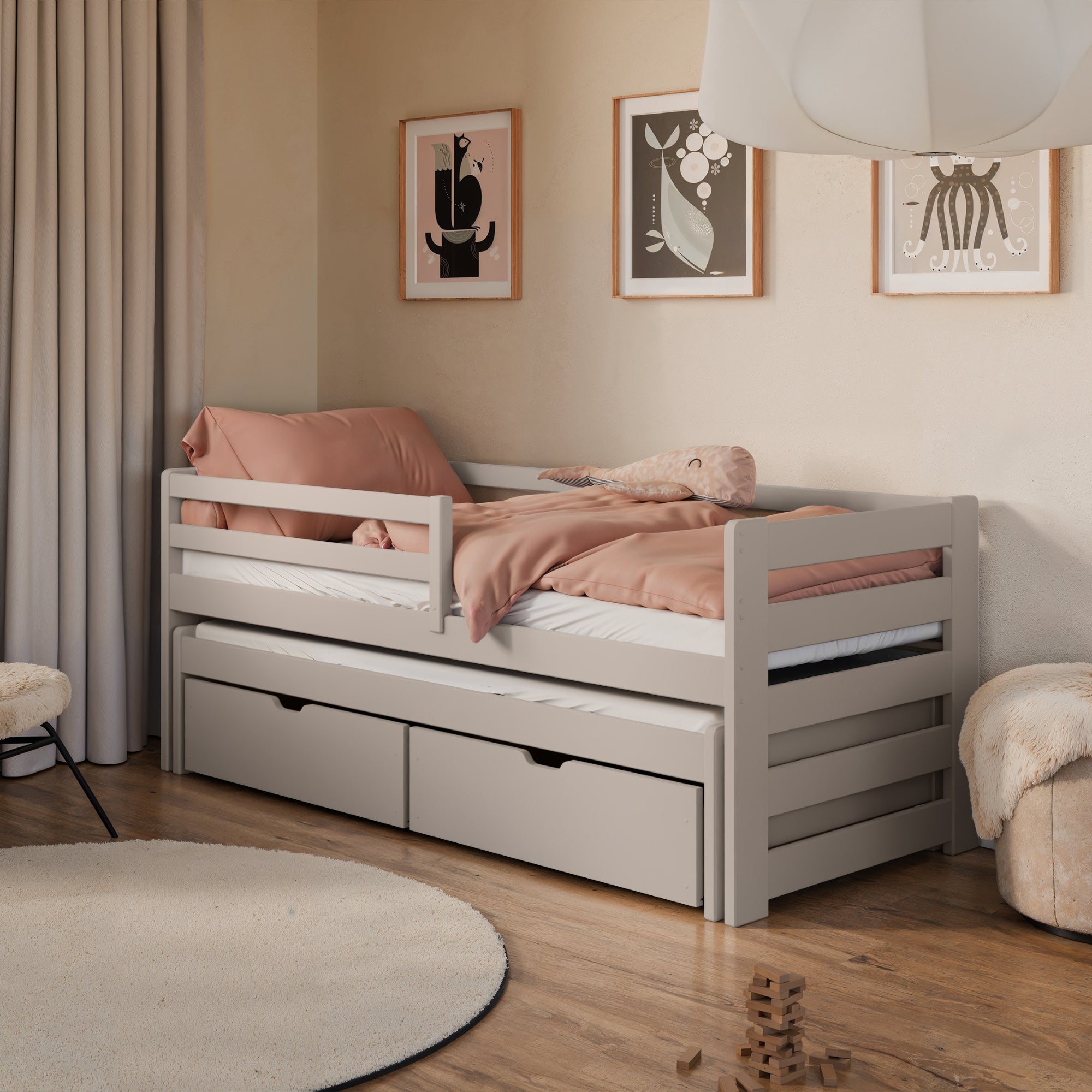 Einzelbett 90x200 cm mit Rausziehbett 90x190 cm mit zwei Matratzen (optional) und zwei Schubladen, Rausfallschutz und Lattenrosten, Vollholz massiv, Kinderbett Funktionsbett