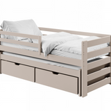 Einzelbett 90x200 cm mit Rausziehbett 90x190 cm mit zwei Matratzen (optional) und zwei Schubladen, Rausfallschutz und Lattenrosten, Vollholz massiv, Kinderbett Funktionsbett