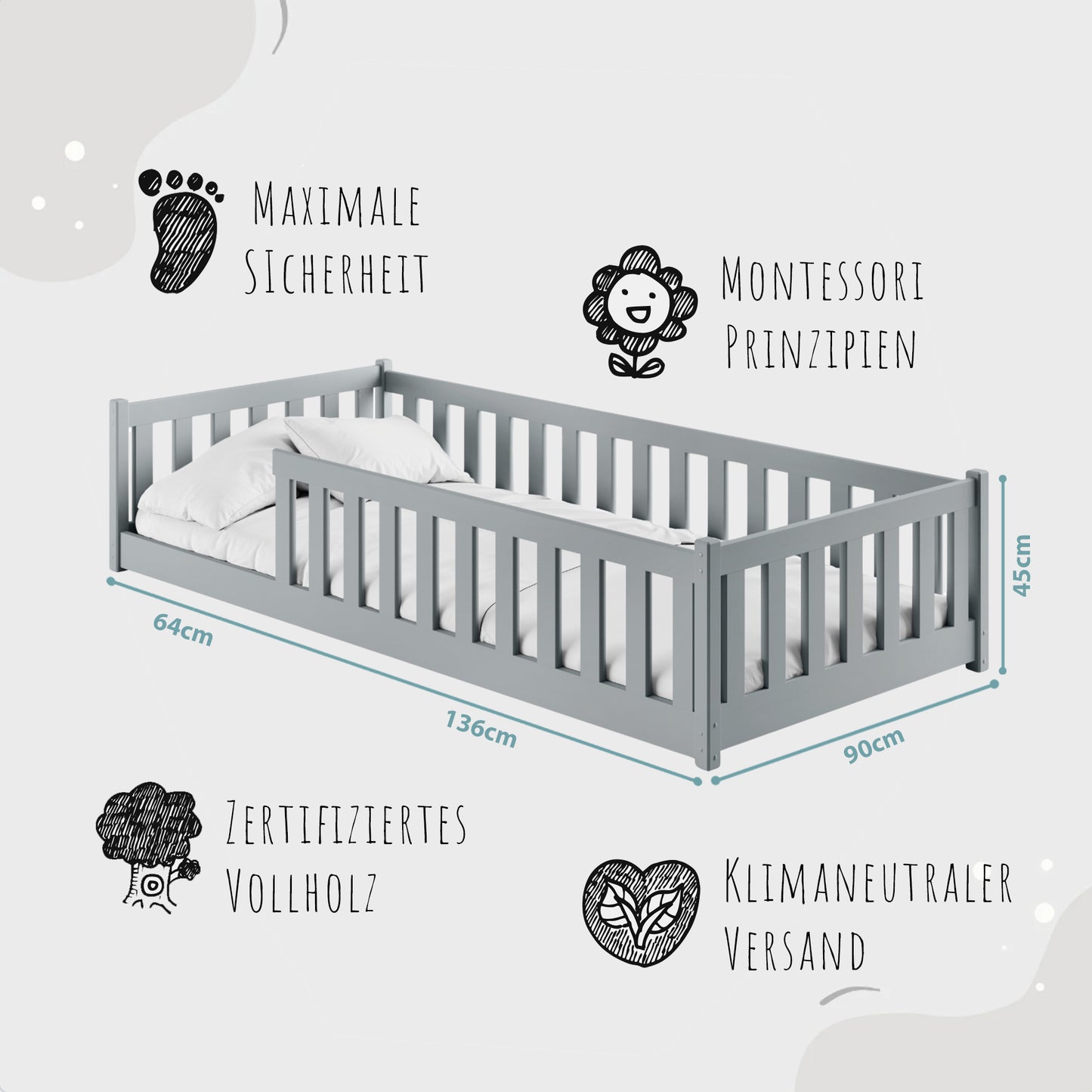 Kinderbett Bodenbett 80x160 | 80x180 | 90x190 | 90x200 | 120x200 | 140x200 cm Bett mit Rausfallschutz & Lattenrost Montessori Bett Gitterbett Kinder Jugendbett Einzelbett optional mit Matratze | Kiefer Holz massiv Junge Mädchen