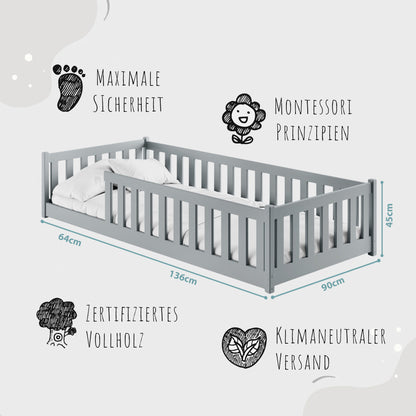 Kinderbett Bodenbett 80x160 | 80x180 | 90x190 | 90x200 | 120x200 | 140x200 cm Bett mit Rausfallschutz & Lattenrost Montessori Bett Gitterbett Kinder Jugendbett Einzelbett optional mit Matratze | Kiefer Holz massiv Junge Mädchen