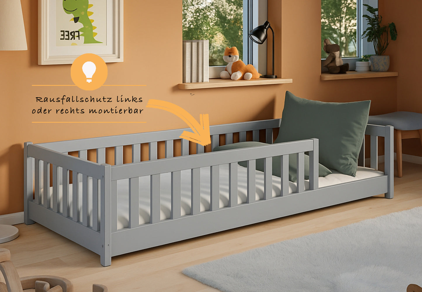 Kinderbett Bodenbett 80x160 | 80x180 | 90x190 | 90x200 | 120x200 | 140x200 cm Bett mit Rausfallschutz & Lattenrost Montessori Bett Gitterbett Kinder Jugendbett Einzelbett optional mit Matratze | Kiefer Holz massiv Junge Mädchen