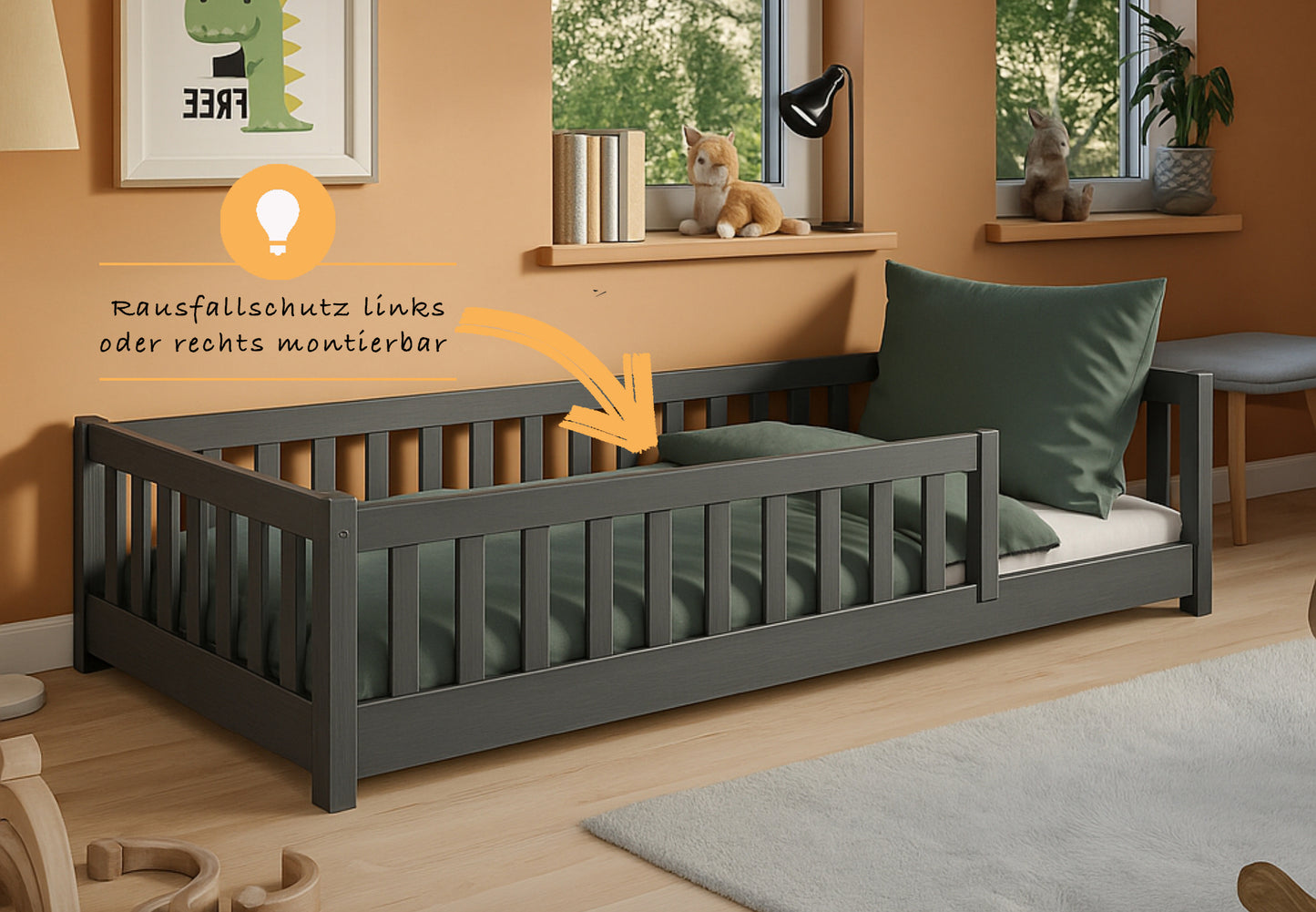 Kinderbett Bodenbett 80x160 | 80x180 | 90x190 | 90x200 | 120x200 | 140x200 cm Bett mit Rausfallschutz & Lattenrost Montessori Bett Gitterbett Kinder Jugendbett Einzelbett optional mit Matratze | Kiefer Holz massiv Junge Mädchen