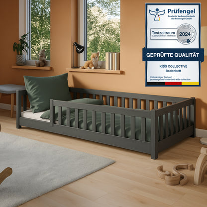 Kinderbett Bodenbett 80x160 | 80x180 | 90x190 | 90x200 | 120x200 | 140x200 cm Bett mit Rausfallschutz & Lattenrost Montessori Bett Gitterbett Kinder Jugendbett Einzelbett optional mit Matratze | Kiefer Holz massiv Junge Mädchen