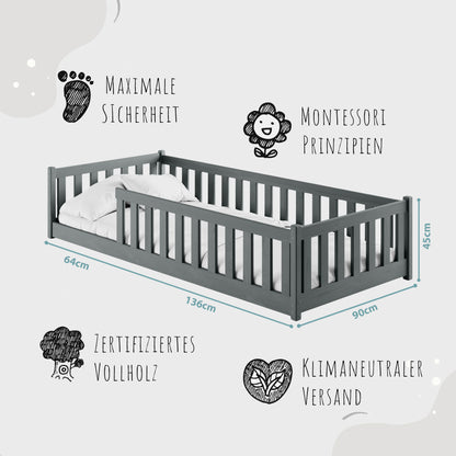 Kinderbett Bodenbett 80x160 | 80x180 | 90x190 | 90x200 | 120x200 | 140x200 cm Bett mit Rausfallschutz & Lattenrost Montessori Bett Gitterbett Kinder Jugendbett Einzelbett optional mit Matratze | Kiefer Holz massiv Junge Mädchen