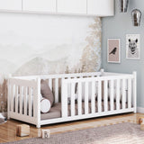 Kinderbett Bodenbett 90x200 cm Bett mit Rausfallschutz & Lattenrost Montessori Bett Bed Gitterbett Kinder Jugendbett Einzelbett | Kiefer Holz massiv | Weiß 90×200