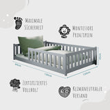 Kinderbett Bodenbett 80x160 | 80x180 | 90x190 | 90x200 | 120x200 | 140x200 cm Bett mit Rausfallschutz & Lattenrost Montessori Bett Gitterbett Kinder Jugendbett Einzelbett optional mit Matratze | Kiefer Holz massiv Junge Mädchen