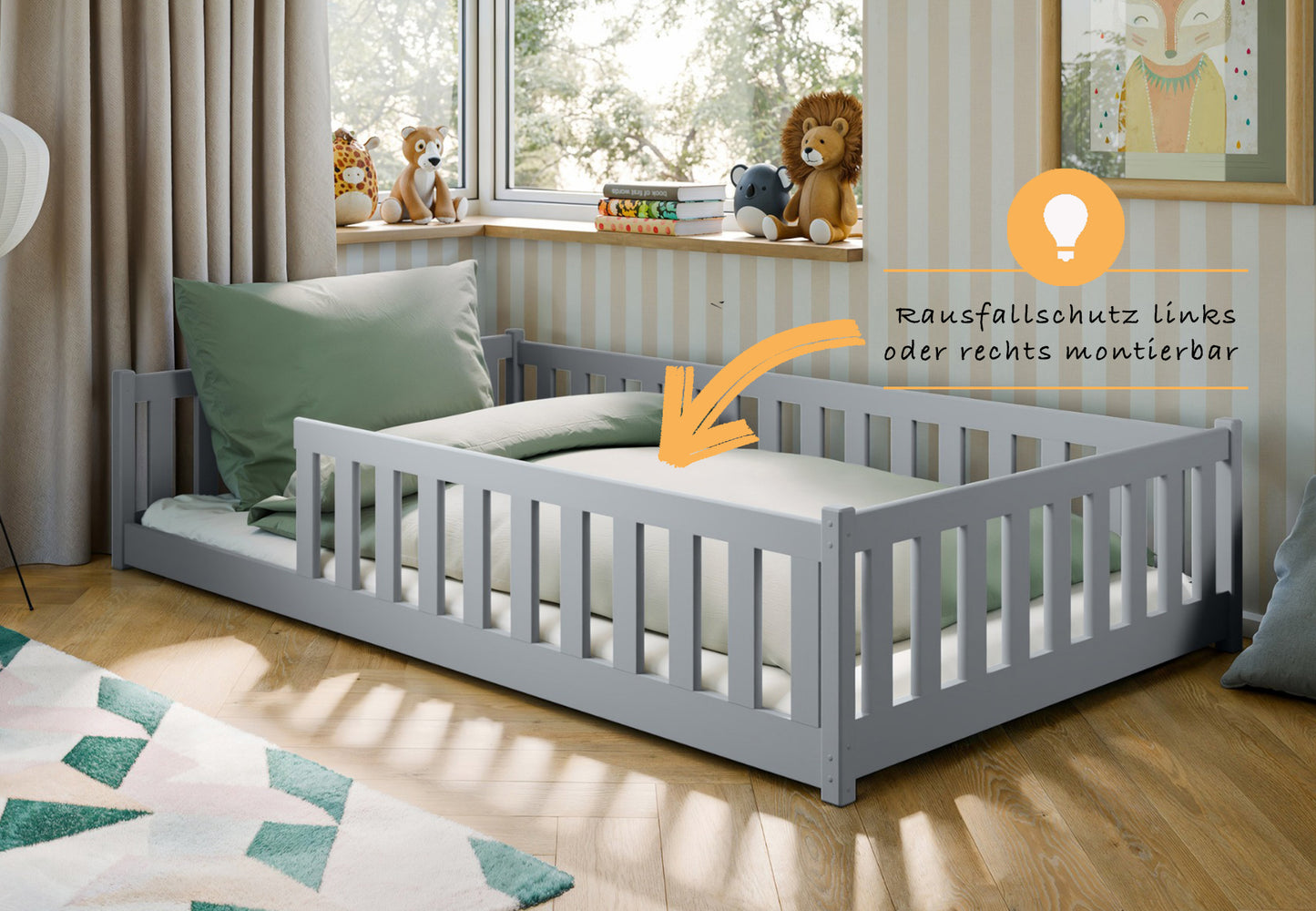 Kinderbett Bodenbett 80x160 | 80x180 | 90x190 | 90x200 | 120x200 | 140x200 cm Bett mit Rausfallschutz & Lattenrost Montessori Bett Gitterbett Kinder Jugendbett Einzelbett optional mit Matratze | Kiefer Holz massiv Junge Mädchen