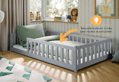 Kinderbett Bodenbett 80x160 | 80x180 | 90x190 | 90x200 | 120x200 | 140x200 cm Bett mit Rausfallschutz & Lattenrost Montessori Bett Gitterbett Kinder Jugendbett Einzelbett optional mit Matratze | Kiefer Holz massiv Junge Mädchen