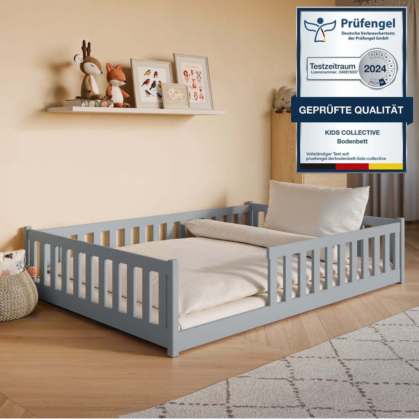 Kinderbett Bodenbett 80x160 | 80x180 | 90x190 | 90x200 | 120x200 | 140x200 cm Bett mit Rausfallschutz & Lattenrost Montessori Bett Gitterbett Kinder Jugendbett Einzelbett optional mit Matratze | Kiefer Holz massiv Junge Mädchen