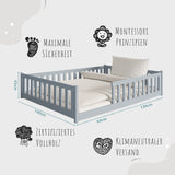 Kinderbett Bodenbett 80x160 | 80x180 | 90x190 | 90x200 | 120x200 | 140x200 cm Bett mit Rausfallschutz & Lattenrost Montessori Bett Gitterbett Kinder Jugendbett Einzelbett optional mit Matratze | Kiefer Holz massiv Junge Mädchen