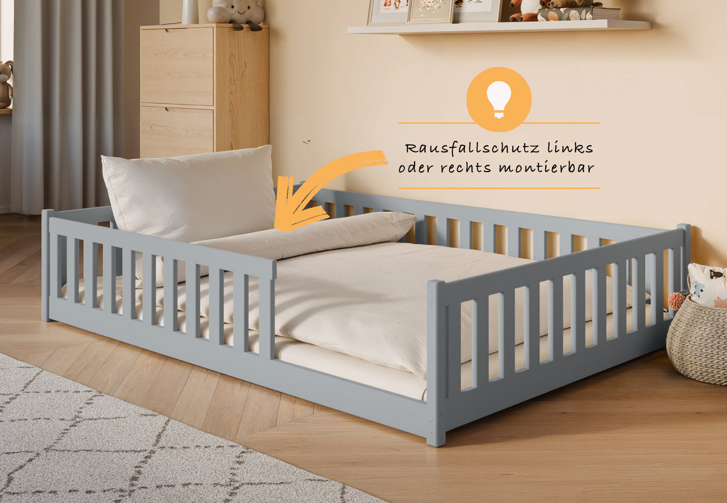 Kinderbett Bodenbett 80x160 | 80x180 | 90x190 | 90x200 | 120x200 | 140x200 cm Bett mit Rausfallschutz & Lattenrost Montessori Bett Gitterbett Kinder Jugendbett Einzelbett optional mit Matratze | Kiefer Holz massiv Junge Mädchen